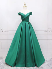 Homecoming Dresses Online, A-Line Off Shoulder Green Satin Long Prom Dresses, Green Evening Dresses