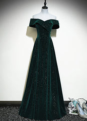 Bridesmaid Dresses Satin, A-line Off Shoulder Green Velvet Simple Party Dress, Green Prom Dress Formal Dress