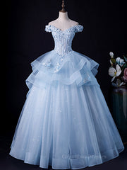 Evening Dresses Floral, A-Line Off Shoulder Lace Tulle Blue Long Prom Dress, Blue Sweet 16 Dress