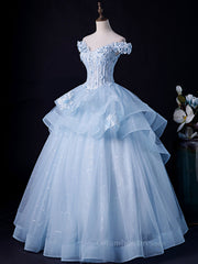 Evenning Dress For Wedding Guest, A-Line Off Shoulder Lace Tulle Blue Long Prom Dress, Blue Sweet 16 Dress