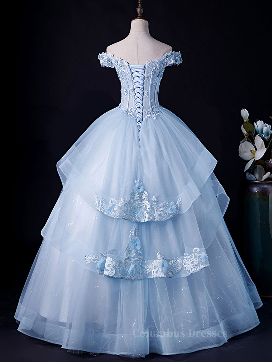 Evening Dresses For Weddings Guest, A-Line Off Shoulder Lace Tulle Blue Long Prom Dress, Blue Sweet 16 Dress