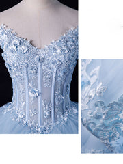 Evening Dress For Wedding Guest, A-Line Off Shoulder Lace Tulle Blue Long Prom Dress, Blue Sweet 16 Dress