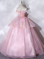 Dinner Dress, A-Line Off Shoulder Organza Lace Pink Long Prom Dress. Pink Sweet 16 Dress