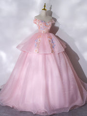 Mermaid Prom Dress, A-Line Off Shoulder Organza Lace Pink Long Prom Dress. Pink Sweet 16 Dress