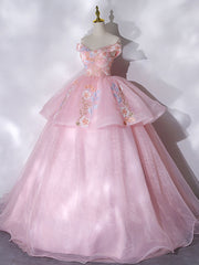 Satin Prom Dress, A-Line Off Shoulder Organza Lace Pink Long Prom Dress. Pink Sweet 16 Dress