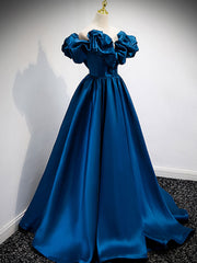 Prom Dresses Short, A-Line Off Shoulder Satin Blue Long Prom Dress, Blue Evening Dresses