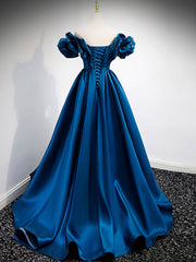 Prom Dresses Under 104, A-Line Off Shoulder Satin Blue Long Prom Dress, Blue Evening Dresses