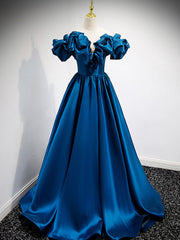 Prom Dresses Long, A-Line Off Shoulder Satin Blue Long Prom Dress, Blue Evening Dresses