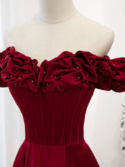 Prom Dress Inspiration, A-Line Off Shoulder Satin Burgundy Long Prom Dress, Satin Burgundy Evening Dress