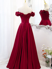 Prom Dress Shopping, A-Line Off Shoulder Satin Burgundy Long Prom Dress, Satin Burgundy Evening Dress