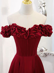 Prom Dress Shop, A-Line Off Shoulder Satin Burgundy Long Prom Dress, Satin Burgundy Evening Dress