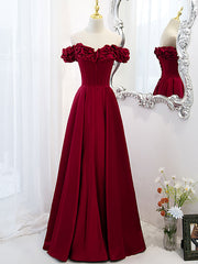 Prom Dress 2026, A-Line Off Shoulder Satin Burgundy Long Prom Dress, Satin Burgundy Evening Dress