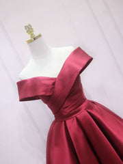Fairy Dress, A-Line Off Shoulder Satin Burgundy Short Prom Dress, Burgundy Homecoming Dress