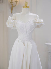 Formal Dress Online, A-Line Off Shoulder Satin ivory Long Prom Dress, Ivory  Long Bridesmaid Dress