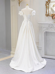 Formal Dresses Ideas, A-Line Off Shoulder Satin ivory Long Prom Dress, Ivory  Long Bridesmaid Dress