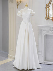 Formal Dresses Elegant, A-Line Off Shoulder Satin ivory Long Prom Dress, Ivory  Long Bridesmaid Dress