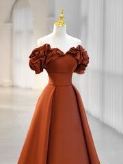 Homecoming Dresses 2024, A-Line Off Shoulder Satin Orange Long Prom Dress, Orange Formal Evening Dress