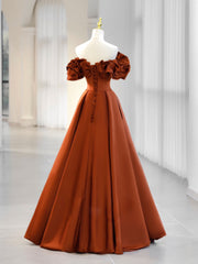 Homecoming Dress Elegant, A-Line Off Shoulder Satin Orange Long Prom Dress, Orange Formal Evening Dress