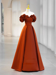 Homecoming Dress Online, A-Line Off Shoulder Satin Orange Long Prom Dress, Orange Formal Evening Dress