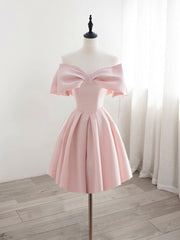 Formal Dresses With Tulle, A-Line Off Shoulder Satin Pink Short Prom Dress, Pink Homecoming Dress