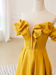 Homecoming Dresses Floral, A-Line Off Shoulder Satin Yellow Long Prom Dress, Yellow Formal Evening Dress
