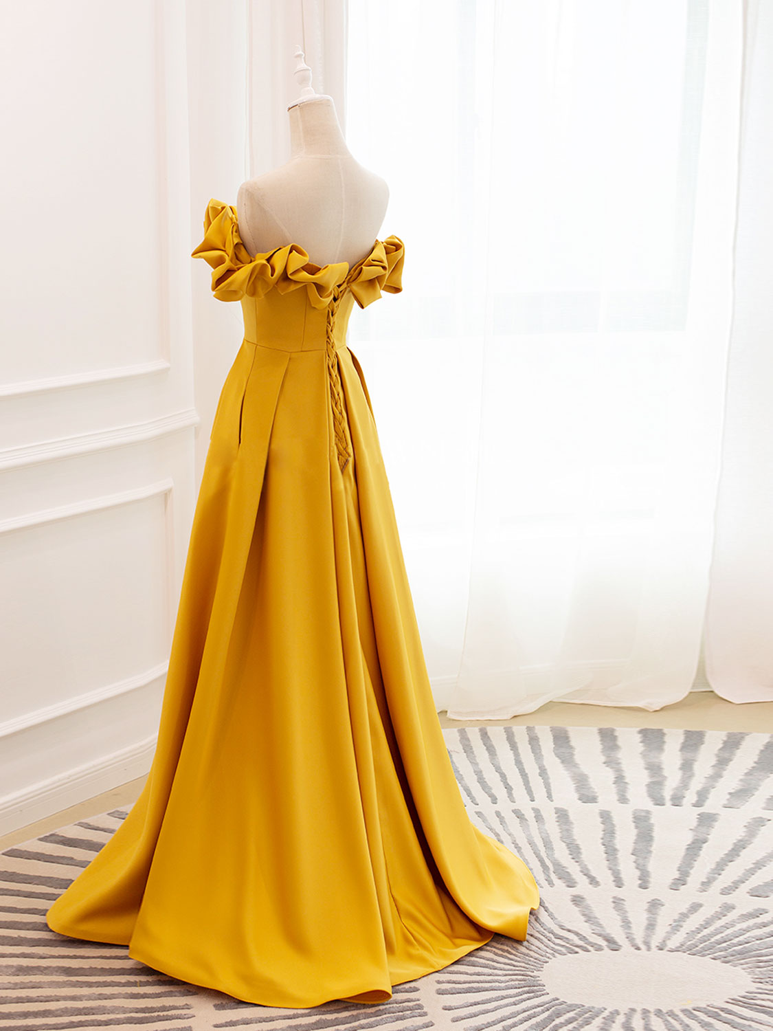 Festival Outfit, A-Line Off Shoulder Satin Yellow Long Prom Dress, Yellow Formal Evening Dress