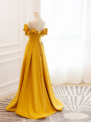 Festival Outfit, A-Line Off Shoulder Satin Yellow Long Prom Dress, Yellow Formal Evening Dress