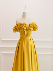 Homecoming Dresses For Kids, A-Line Off Shoulder Satin Yellow Long Prom Dress, Yellow Formal Evening Dress