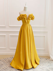 Homecomming Dresses Floral, A-Line Off Shoulder Satin Yellow Long Prom Dress, Yellow Formal Evening Dress