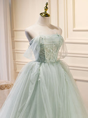 Prom Dresses Pink, A-Line Off Shoulder Tulle Green Long Prom Dresses, Green Formal Dress with Beading