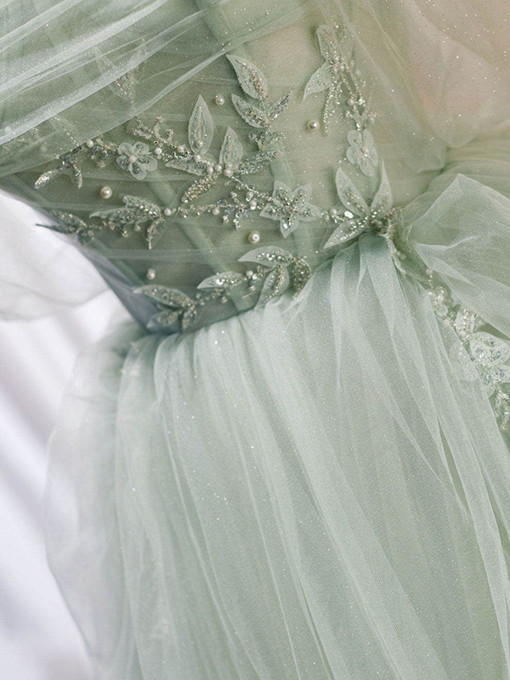 Prom Dress Designer, A-Line Off Shoulder Tulle Green Long Prom Dresses, Green Formal Dress with Beading