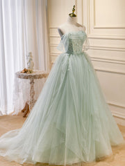 Prom Dresses Designer, A-Line Off Shoulder Tulle Green Long Prom Dresses, Green Formal Dress with Beading