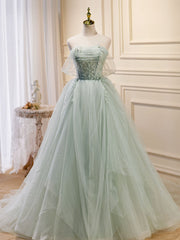 Prom Dress Inspirational, A-Line Off Shoulder Tulle Green Long Prom Dresses, Green Formal Dress with Beading