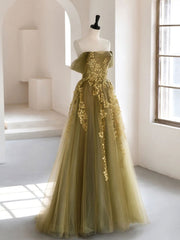 Homecoming Dresses Ideas, A-Line Off Shoulder Tulle Lace Long Prom Dress, Green Tulle Formal Evening Dress