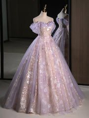 Strapless Dress, A-Line Off Shoulder Tulle Lace Purple Long Prom Dress, Purple Formal Dress