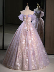 Prom Inspo, A-Line Off Shoulder Tulle Lace Purple Long Prom Dress, Purple Formal Dress