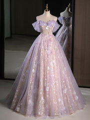 Long Dress Formal, A-Line Off Shoulder Tulle Lace Purple Long Prom Dress, Purple Formal Dress
