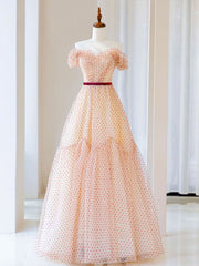 Prom Dress For Teens, A-Line Off Shoulder Tulle Long Prom Dress, Champagne Formal Dress