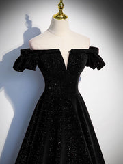 Evening Dresses 3 7 Sleeve, A-Line Off Shoulder Velvet Black Long Prom Dresses, Black Formal Evening Dress