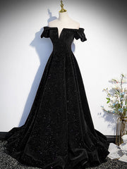 Evening Dresses Gold, A-Line Off Shoulder Velvet Black Long Prom Dresses, Black Formal Evening Dress