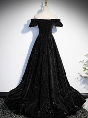 Evening Dresses 03, A-Line Off Shoulder Velvet Black Long Prom Dresses, Black Formal Evening Dress