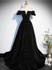 Evening Dress Long Sleeve, A-Line Off Shoulder Velvet Black Long Prom Dresses, Black Formal Evening Dress
