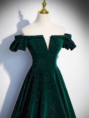 Homecoming Dresses Formal, A-Line Off Shoulder Velvet Long Prom Dresses, Green Velvet Graduation Dress