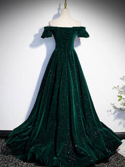 Homecoming Dress Style, A-Line Off Shoulder Velvet Long Prom Dresses, Green Velvet Graduation Dress
