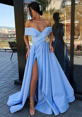 Homecoming Dress Short, A-line Off-the-Shoulder Cap Straps Sweep Train Satin Prom Dress With Pleated Split