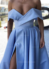 Homecoming Dresses Short, A-line Off-the-Shoulder Cap Straps Sweep Train Satin Prom Dress With Pleated Split