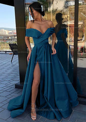Homecoming Dresses 2046, A-line Off-the-Shoulder Cap Straps Sweep Train Satin Prom Dress With Pleated Split