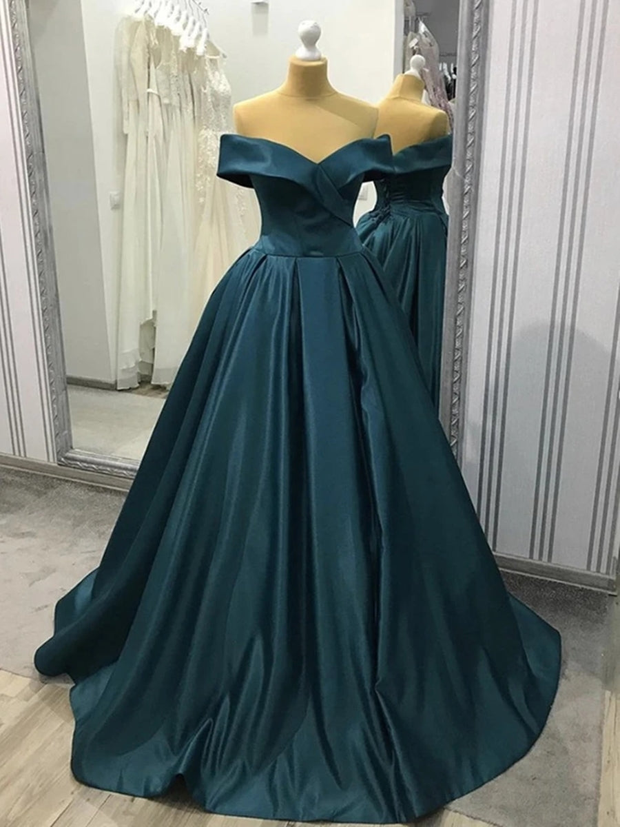 Evening Dress Prom, A-line Off the Shoulder Long Prom Dresses Satin Formal Evening Gowns