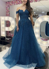 Party Dress Ideas For Curvy Figure, A-line Off-the-Shoulder Regular Straps Long/Floor-Length Tulle Prom Dress With Appliqued Glitter