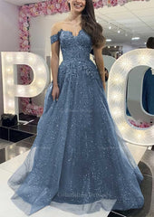Party Dress For Couple, A-line Off-the-Shoulder Regular Straps Long/Floor-Length Tulle Prom Dress With Appliqued Glitter